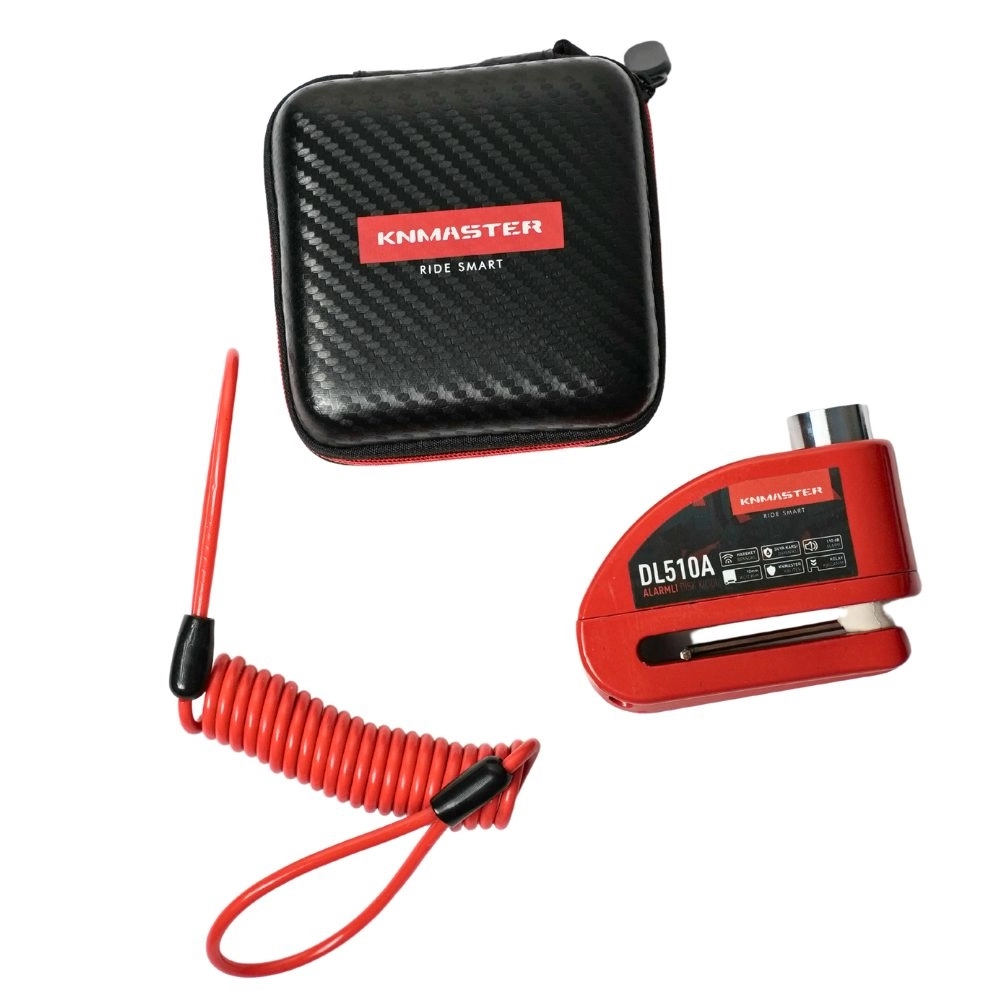 KNMASTER DL510A 10 mm Alarmlı Disk Kilidi | Hatırlatma Kablosu ve Taşıma Çantası Hediye | Kırmızı 