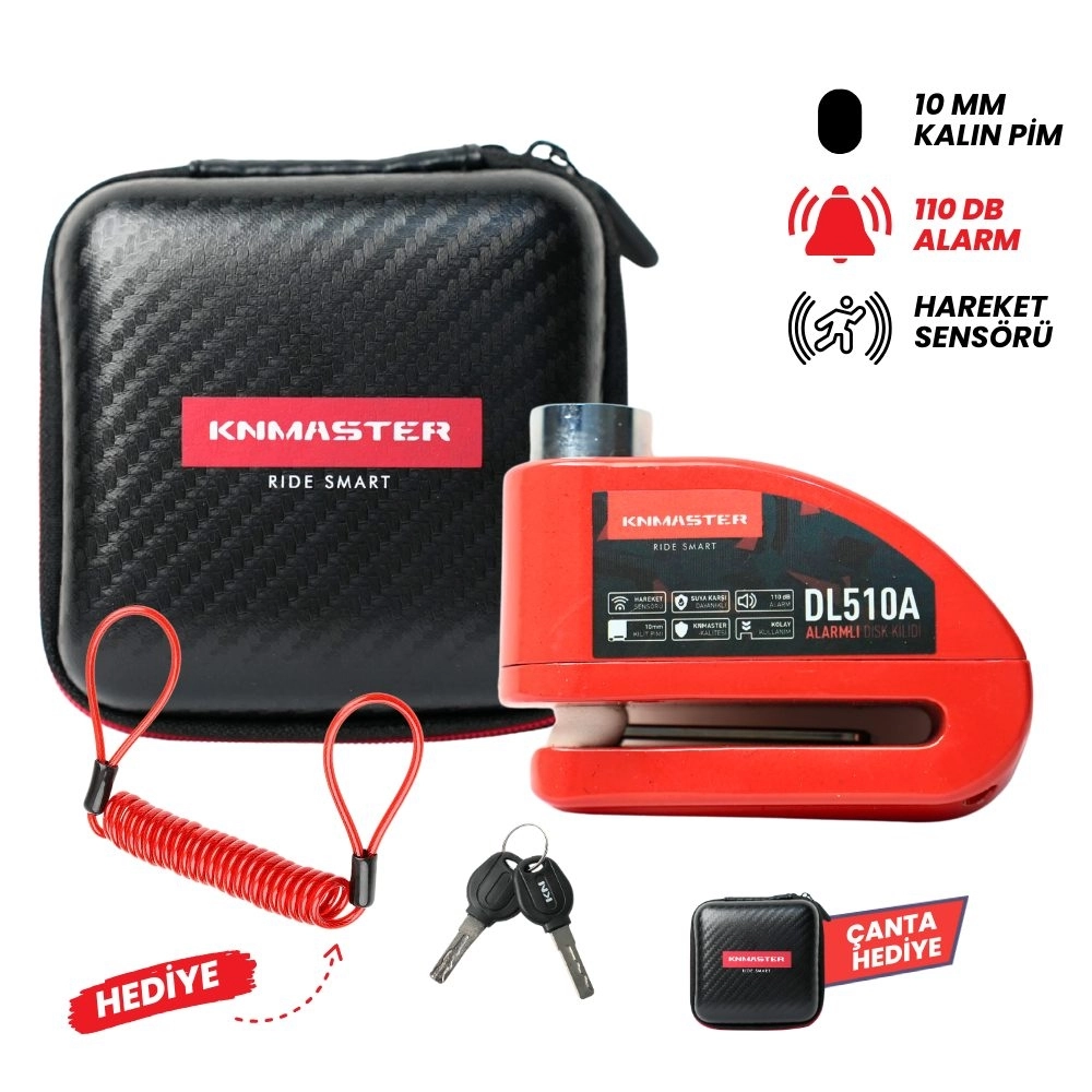 KNMASTER DL510A 10 mm Alarmlı Disk Kilidi | Hatırlatma Kablosu ve Taşıma Çantası Hediye | Kırmızı 